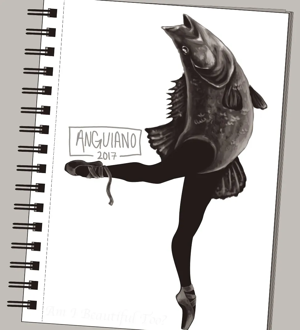 Digital painting of a ballerina en pointe with a fish for a head, rendered in monochrome