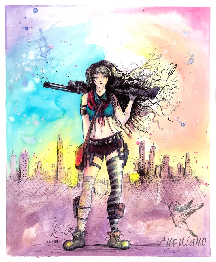 Watercolor and ink illustration of a young woman with a rocket launcher slung over her shoulder, standing before a ruined city skyline