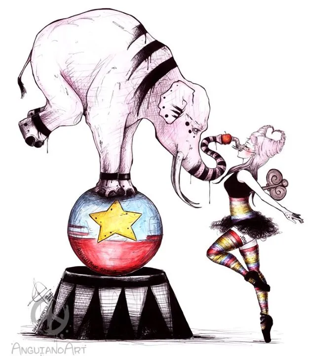 Pen and ink illustration of an elephant balancing on a circus ball beside a ballerina in striped tights