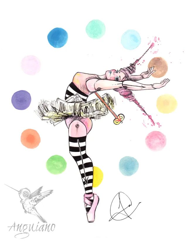 Ink and watercolor illustration of a ballerina en pointe in striped tights, surrounded by scattered spots of color, holding a wand that scatters pink dust