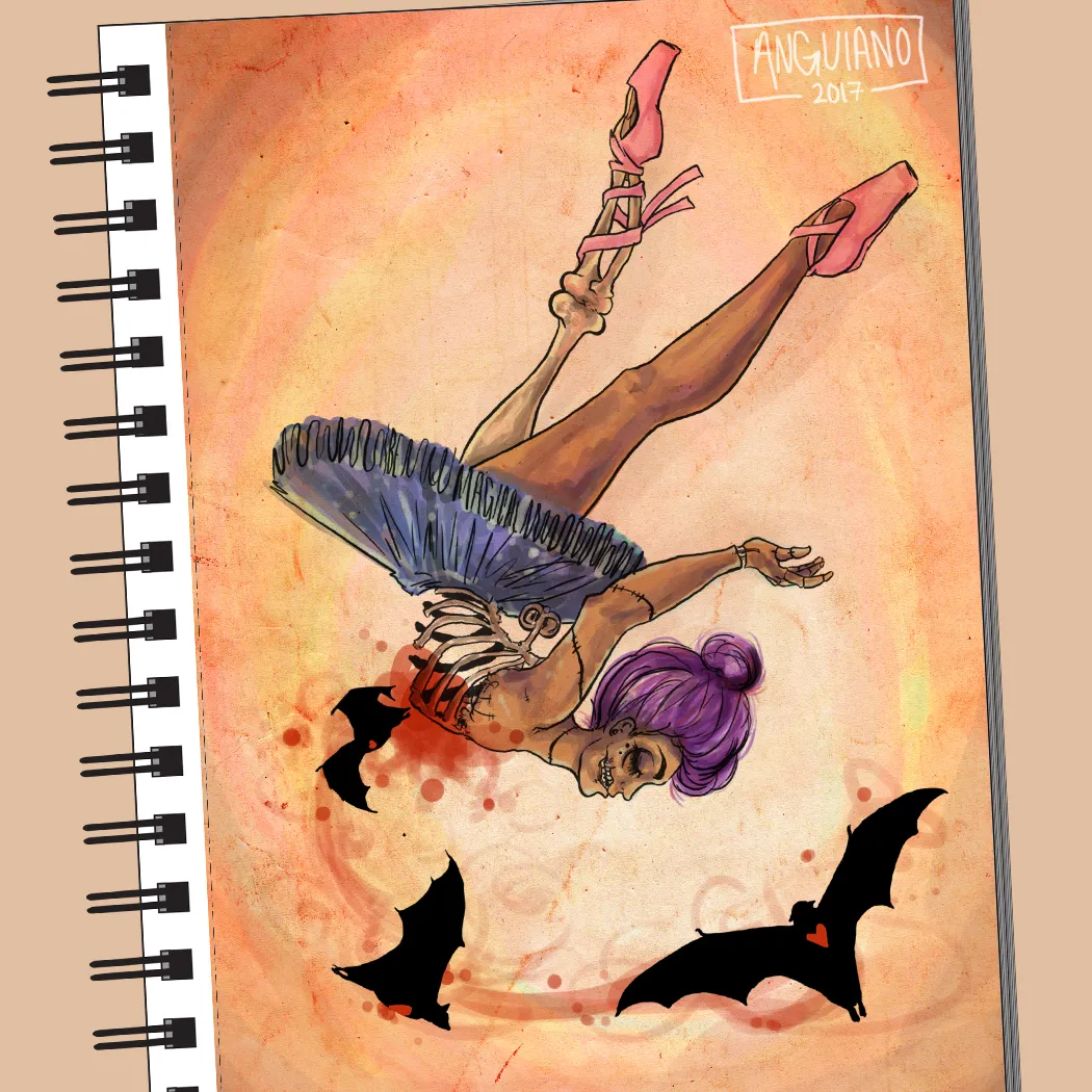 Digital painting of a winged skeleton figure in a blue tutu and pink pointe shoes, falling upside down through the air with bats