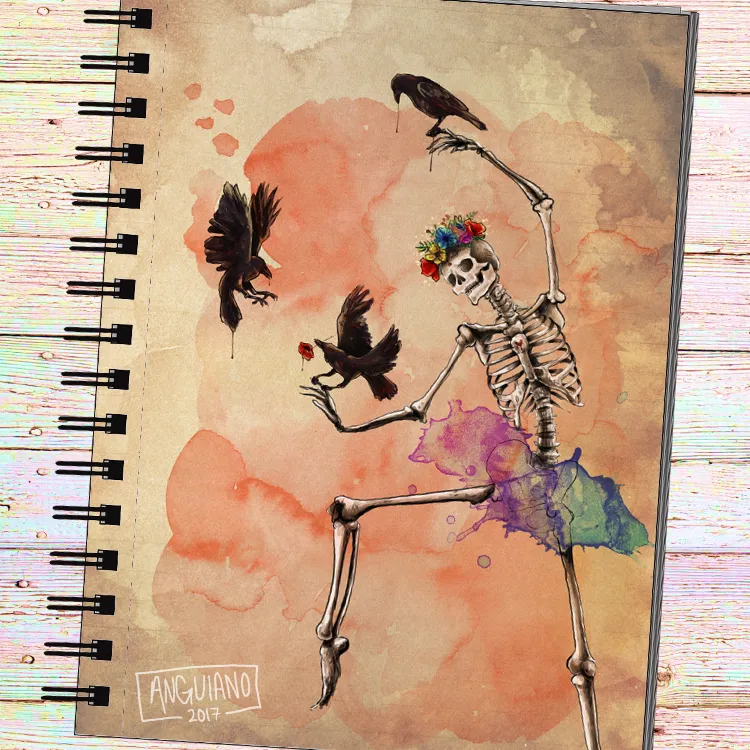 Digital illustration of a dancing skeleton wearing a flower crown, surrounded by crows against a warm orange wash