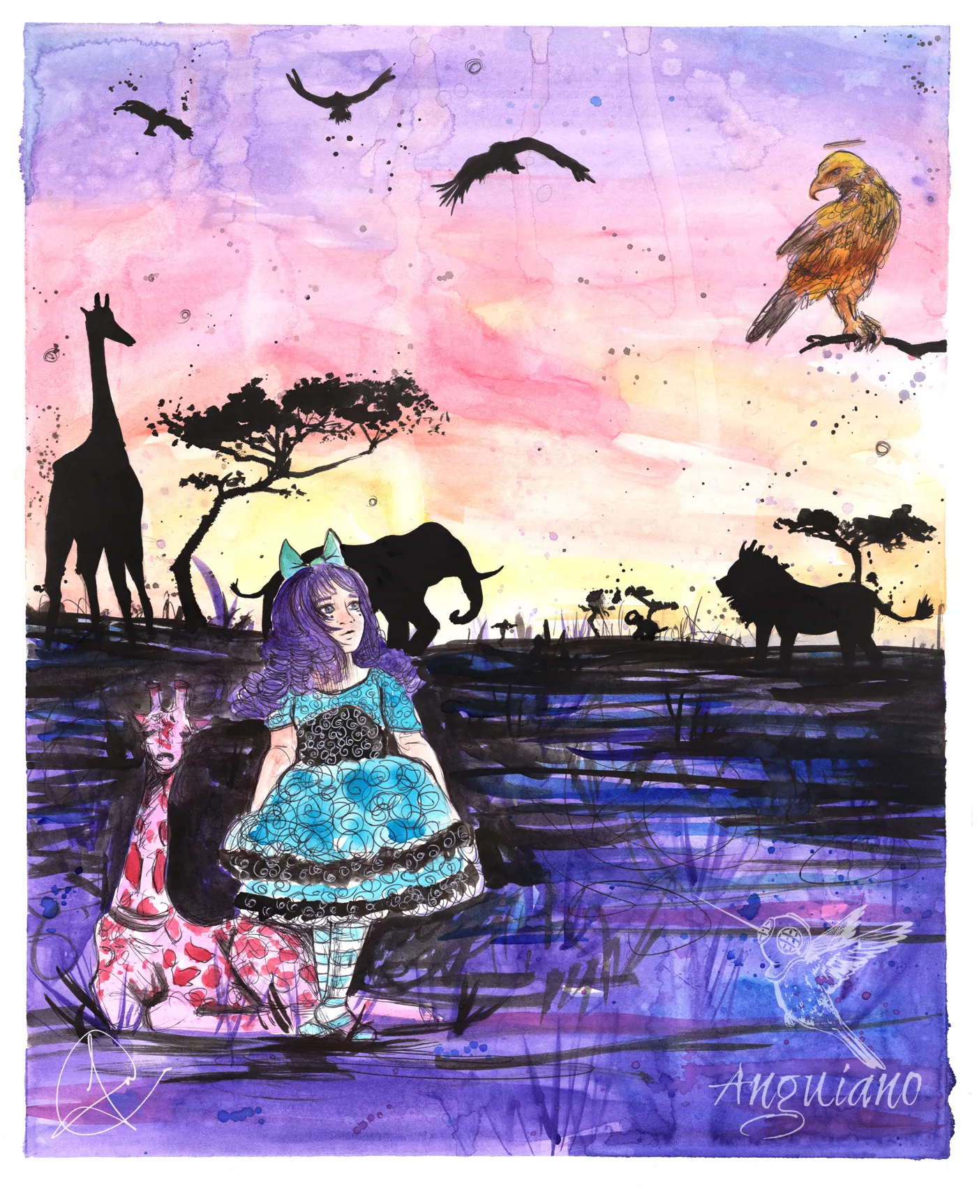 Watercolor and ink illustration of a girl in a blue dress seated at dusk among silhouettes of a giraffe, elephant, lion, and a golden eagle overhead