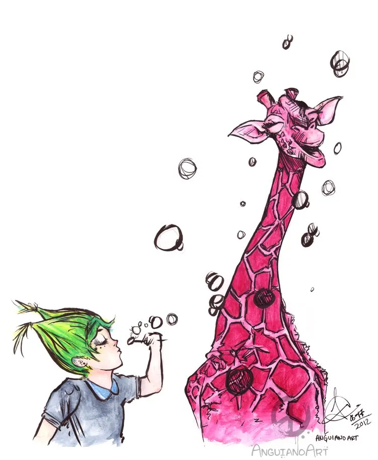 Watercolor and ink illustration of a green-haired boy blowing bubbles at a tall pink giraffe with a cracked, painted hide