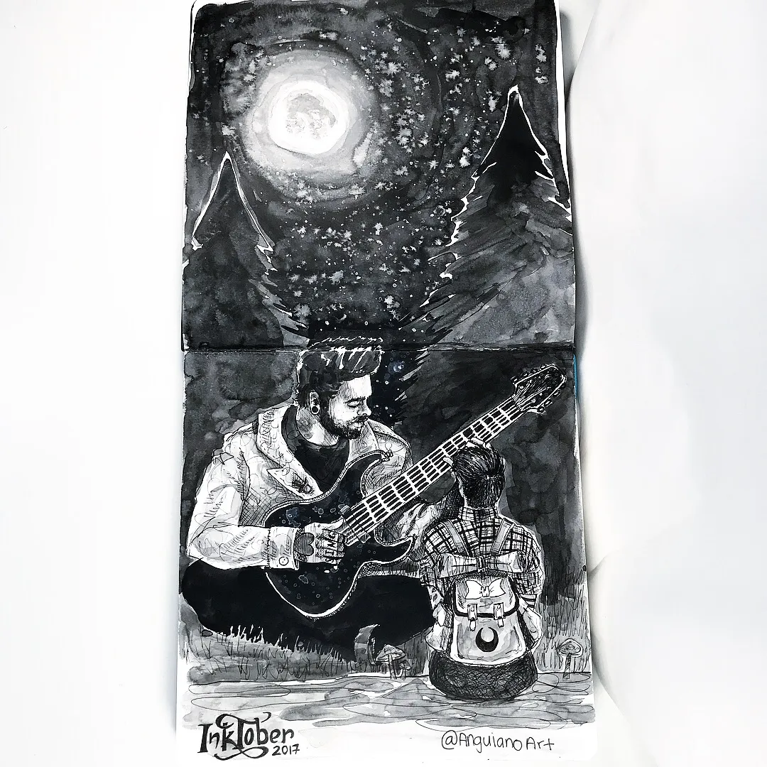 Ink wash illustration of two figures playing guitar together beside a campfire under a full moon and starry sky, pine trees silhouetted around them