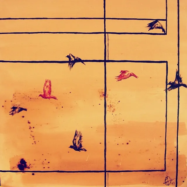 Coffee piece titled "Coffee Pigeon Flight 2010" by Anguiano Art