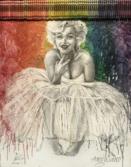 Graphite portrait of Marilyn Monroe in a ruffled dress, with a band of melted rainbow crayon dripping across the top of the canvas