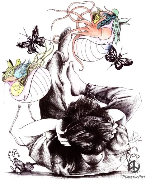 Ink illustration of a figure bent backward into a contortion pose, with sea creatures and butterflies emerging around the ankles