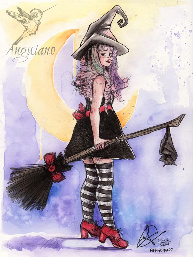 Watercolor and ink illustration of a witch in a black dress and striped stockings holding a broom, with a bat and crescent moon behind her