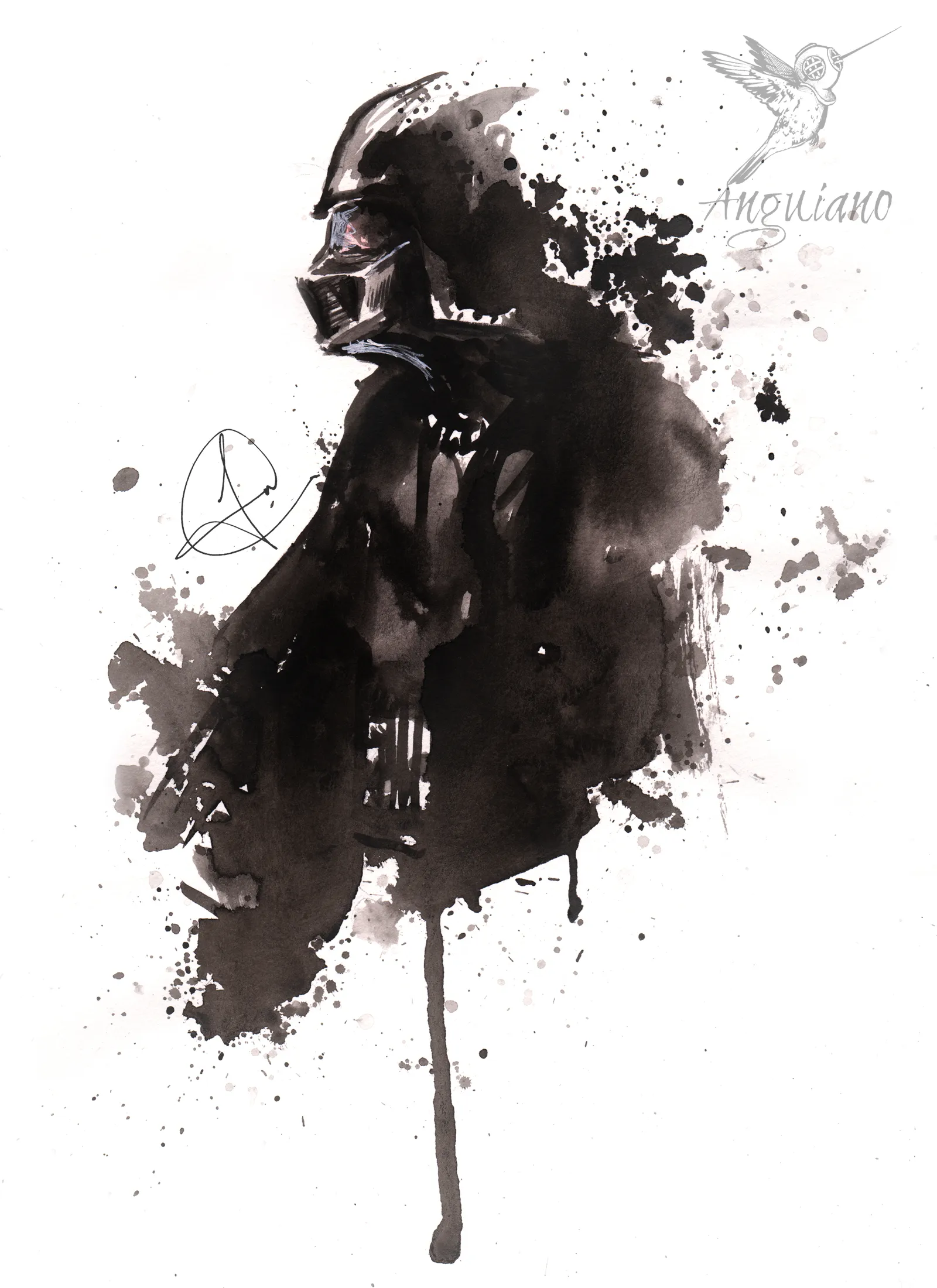 Loose watercolor and ink wash portrait of Darth Vader's helmet and cape