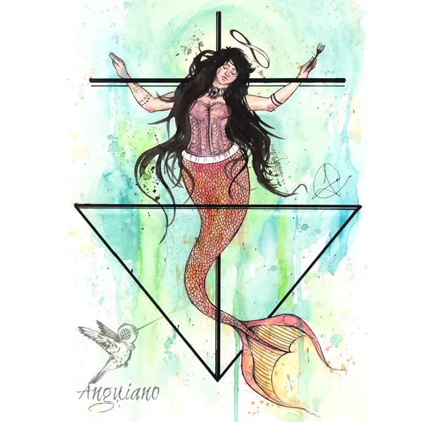 Watercolor and ink illustration of a mermaid with arms outstretched in a cross shape, set within overlapping triangle and cross line work