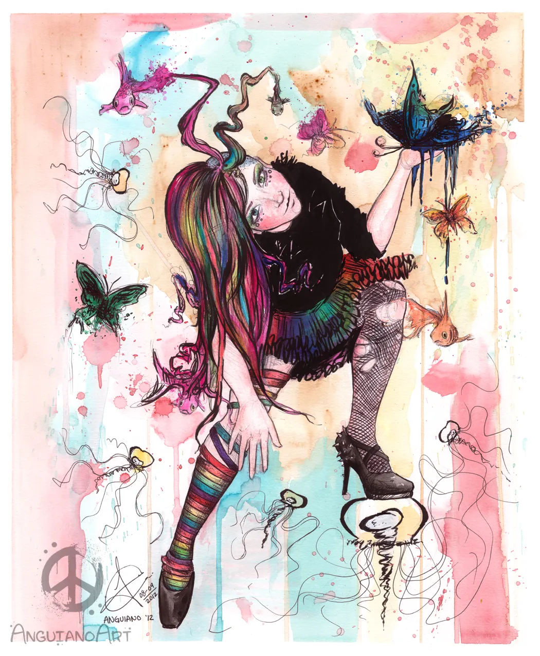 Ink illustration of a girl with pink hair resting against an animal skull and a music box, wearing rainbow striped stockings