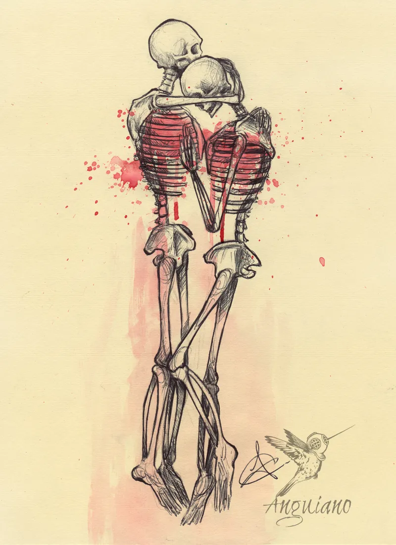 Ink and watercolor illustration of two skeletons embracing head to head, with red watercolor blood splatter