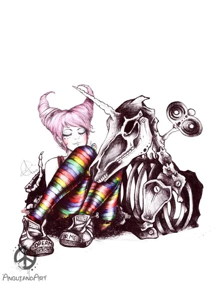 Ink illustration of a girl in rainbow striped stockings seated beside an animal skull and a wind-up music box