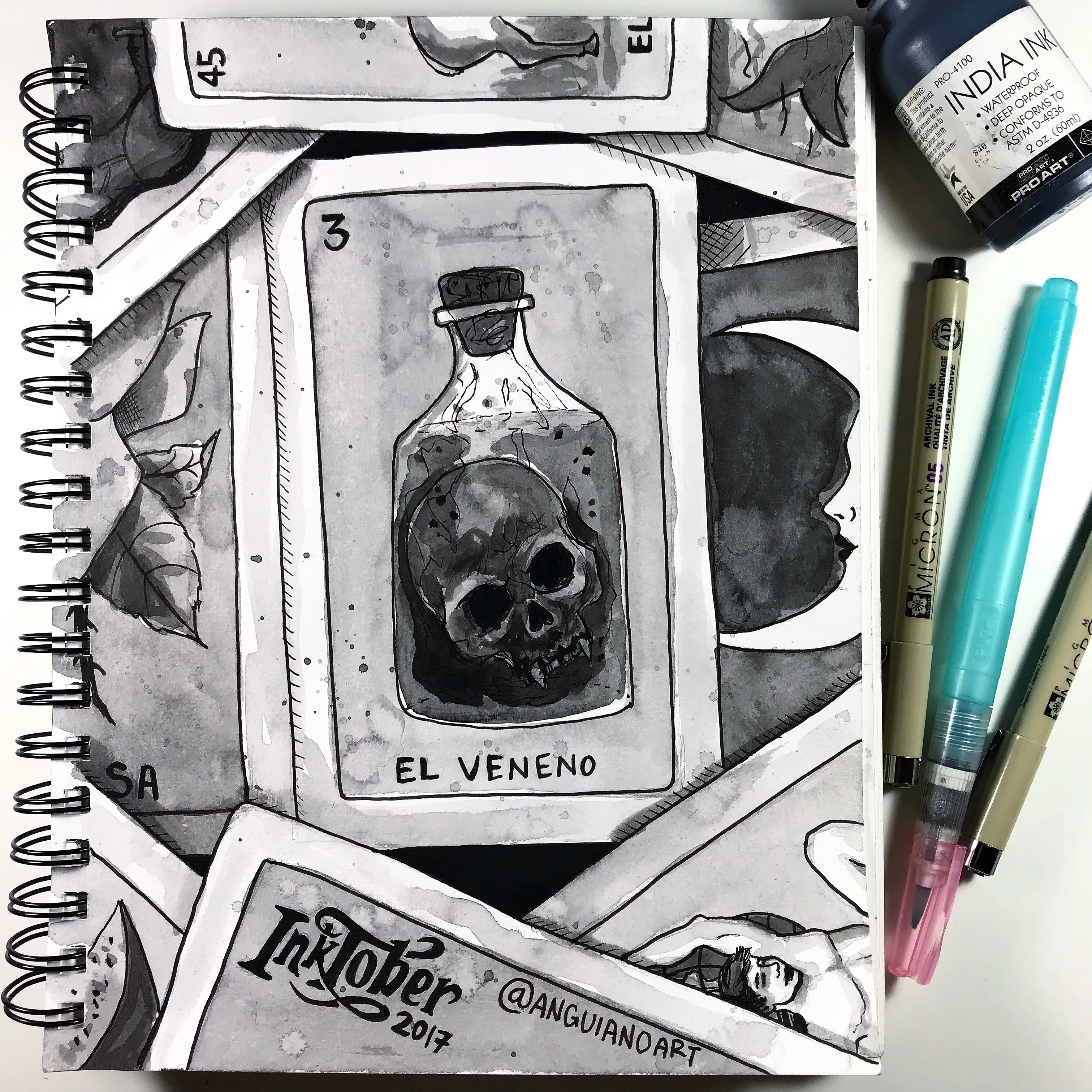Monochrome ink wash illustration in the style of a loteria card, showing a skull inside a corked poison bottle labeled 'El Veneno'