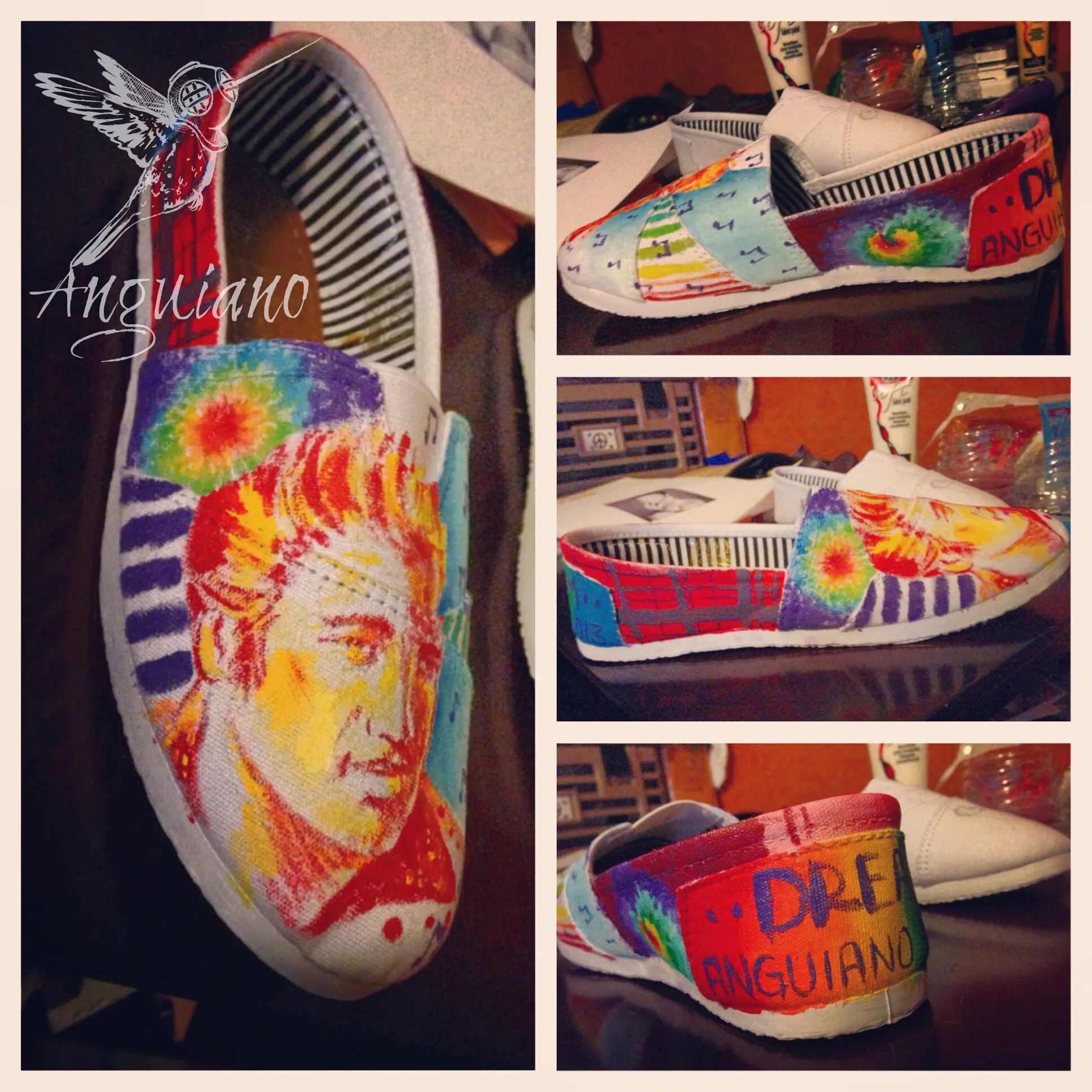 Hand-painted canvas shoes featuring a portrait of Elvis Presley laughing, surrounded by octopus tentacles and sea creatures