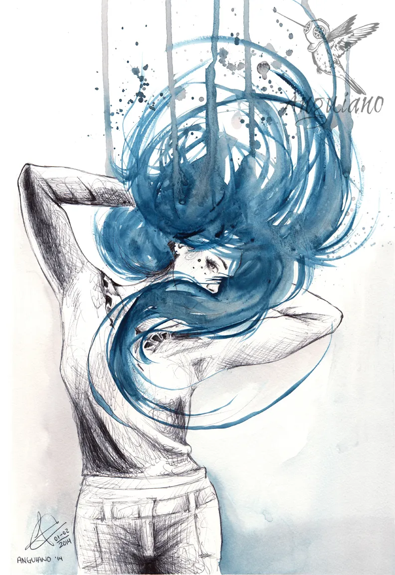 Loose ink and watercolor sketch of a figure from behind, arms raised, with sweeping blue watercolor hair