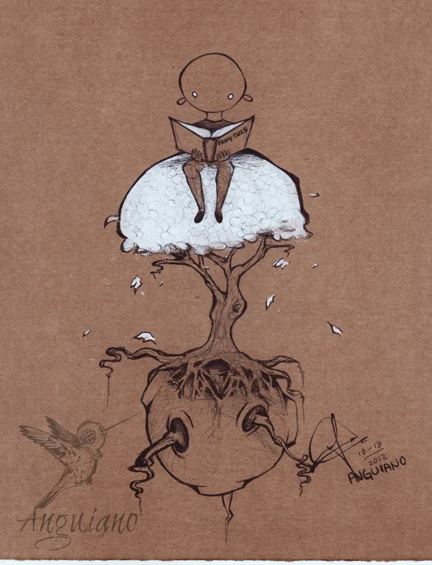 Ink illustration of a small figure reading a book titled 'Fairy Tales' atop a cotton tree growing from a globe with roots and gears