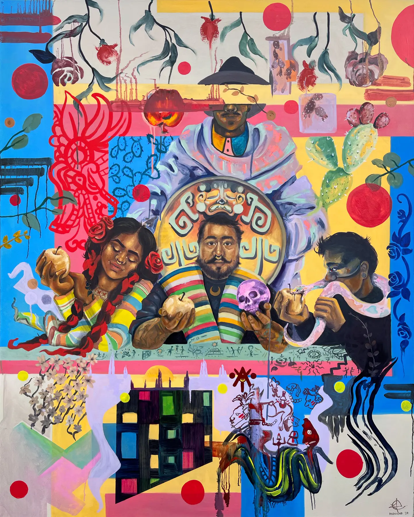 Mixed-media painting of three figures — a girl with braided hair, a bearded man holding a skull, and a masked figure — set against a collaged background of a sombrero-wearing figure, pomegranates, cacti, a city skyline, and a serpent
