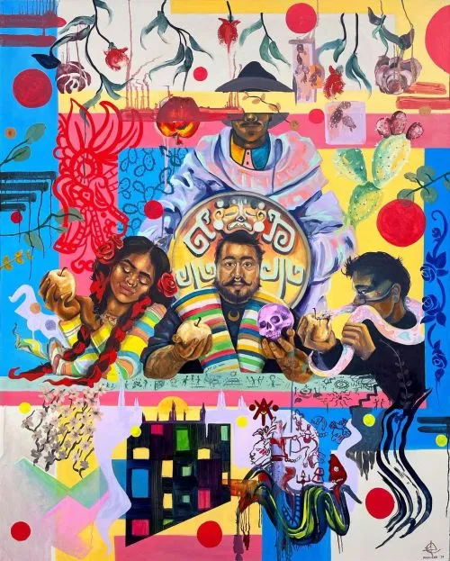 Mixed-media painting of three figures — a girl with braided hair, a bearded man holding a skull, and a masked figure — set against a collaged background of a sombrero-wearing figure, pomegranates, cacti, a city skyline, and a serpent