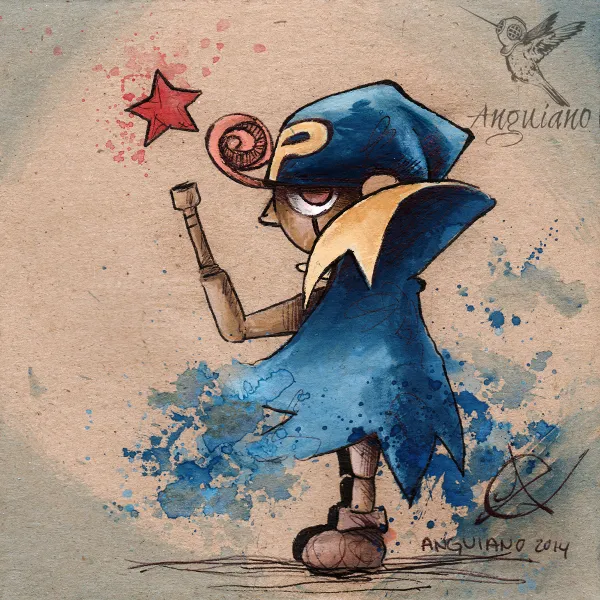 Watercolor and ink illustration of Geno, the wooden puppet character from Super Mario RPG, conjuring a red star