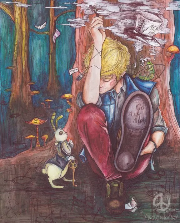 Colored pencil and ink illustration of a boy crouched against a tree in a surreal forest, the sole of his boot reading 'Go Ask Alice,' with the White Rabbit and a key nearby