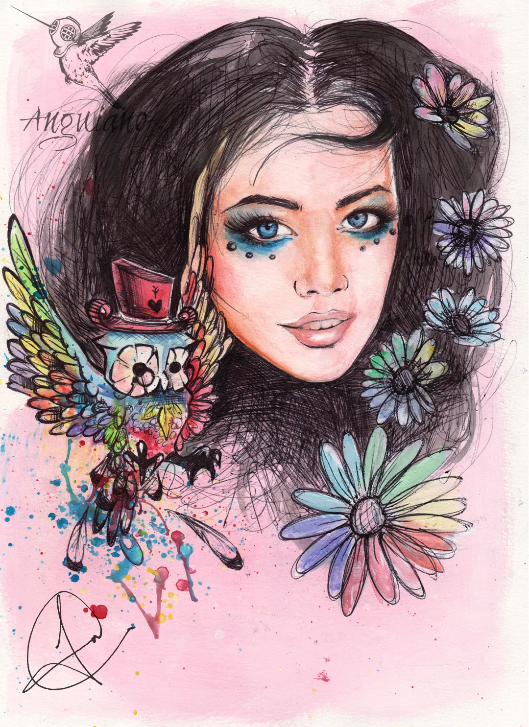Ink and watercolor portrait of a woman with dark hair, a hummingbird, an owl in a top hat, and watercolor flowers against a pink wash