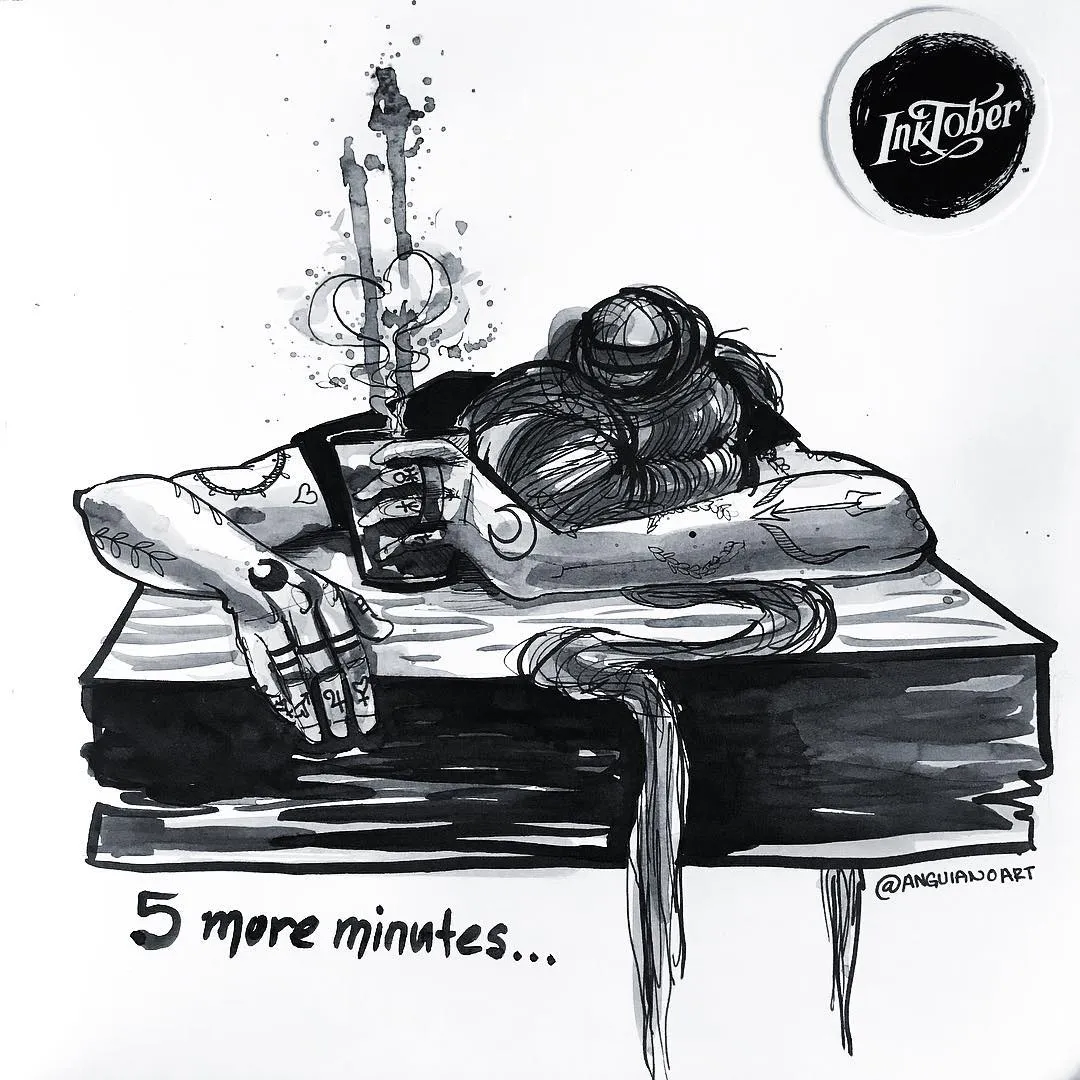 Inktober Day 07 “Exhausted”, this is me every morning before my art classes but that’s because I’m not a morning person, why are art classes in the morning?!