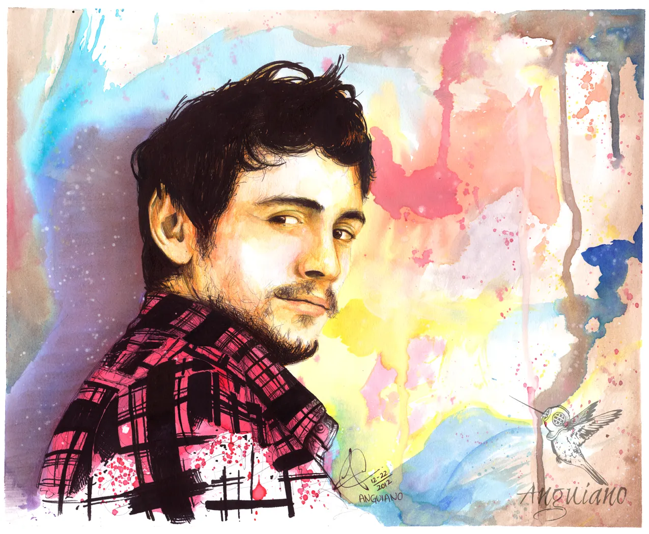 Watercolor and ink portrait of actor James Franco against a colorful abstract wash background