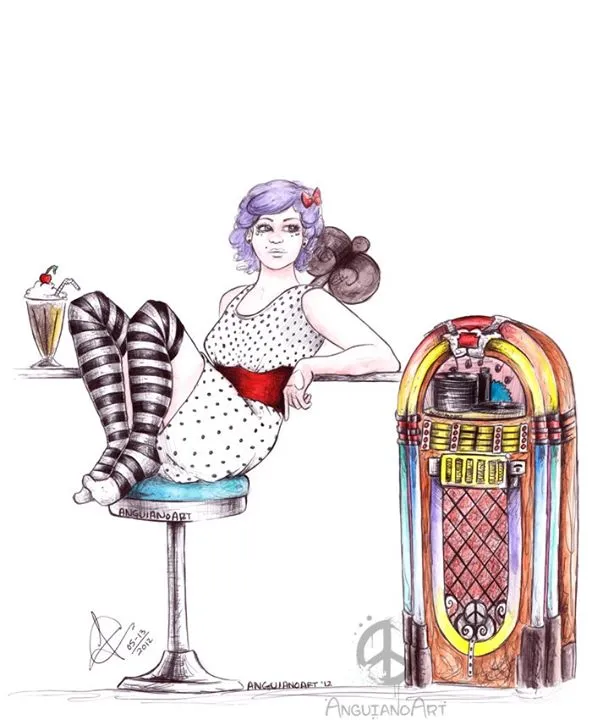Ink and watercolor illustration of a pin-up style girl in a polka-dot dress sitting on a stool beside a vintage jukebox, with a milkshake nearby