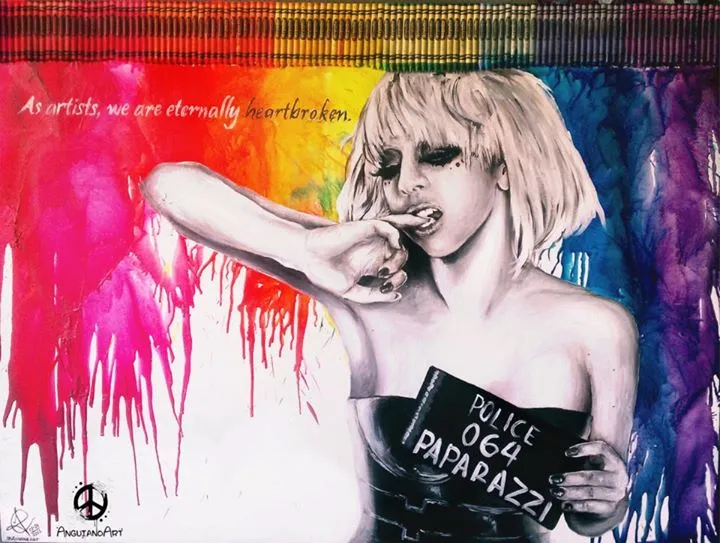 Melted crayon and acrylic portrait of Lady Gaga holding a police evidence sign reading 'Paparazzi,' with rainbow crayon drips behind her