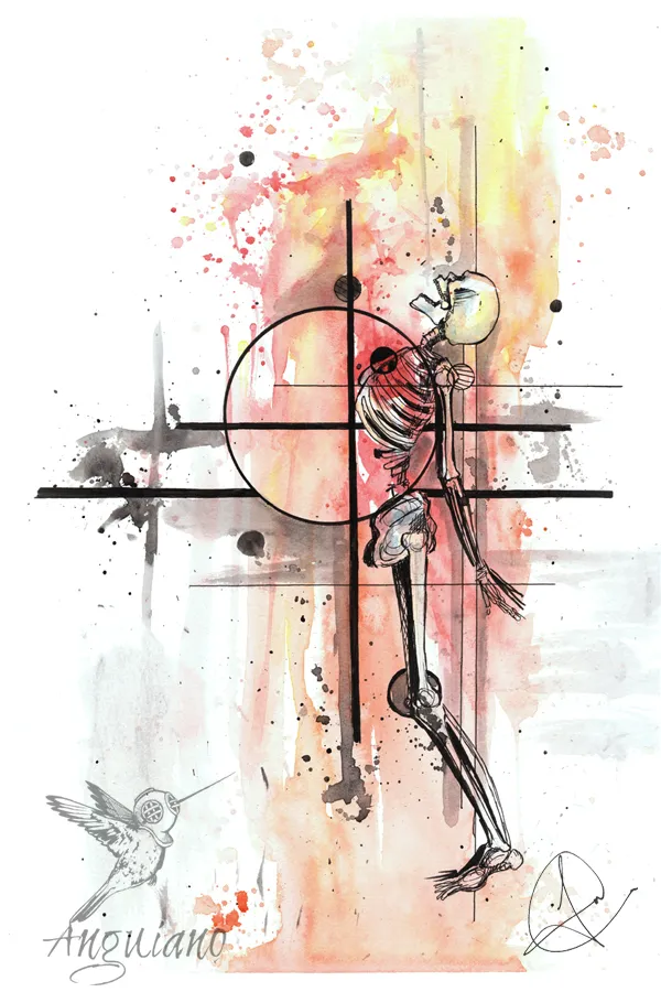 Ink and watercolor illustration of two skeletons standing embraced, red watercolor blood pooling at their feet