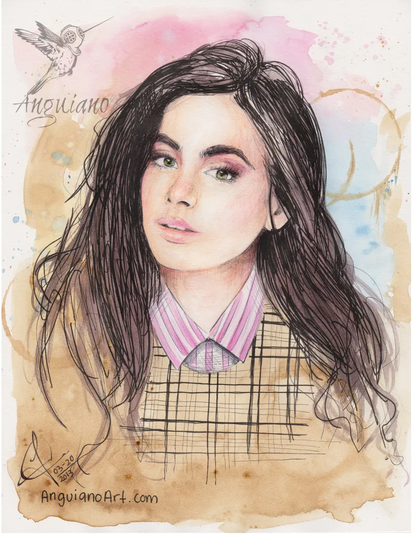 Watercolor and ink portrait of actress Lily Collins with long dark hair against a soft pink and blue wash