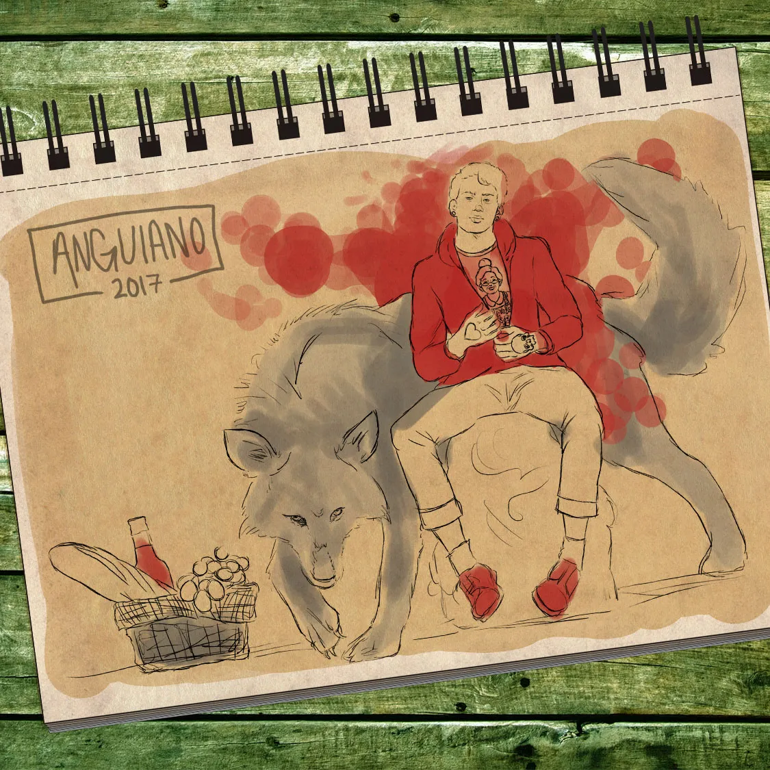 Illustration of a young man in a red hoodie seated on the back of a large wolf, with a picnic basket of bread and wine nearby