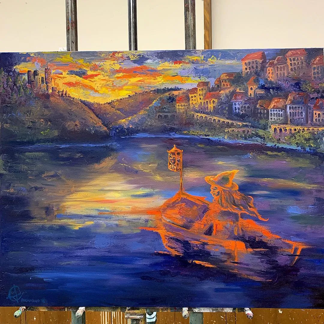 “Looking for Hope in the New World”. . I just need small details (like an angry mob on the village to the right, and possibly another skyscraper) but mostly finished!! The majority was completed with different sized paint knives