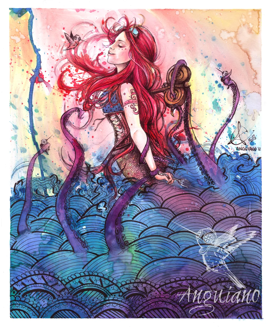 Ink and watercolor illustration of a mermaid with flowing red hair rising from stylized waves, rendered in pink, purple, and blue washes