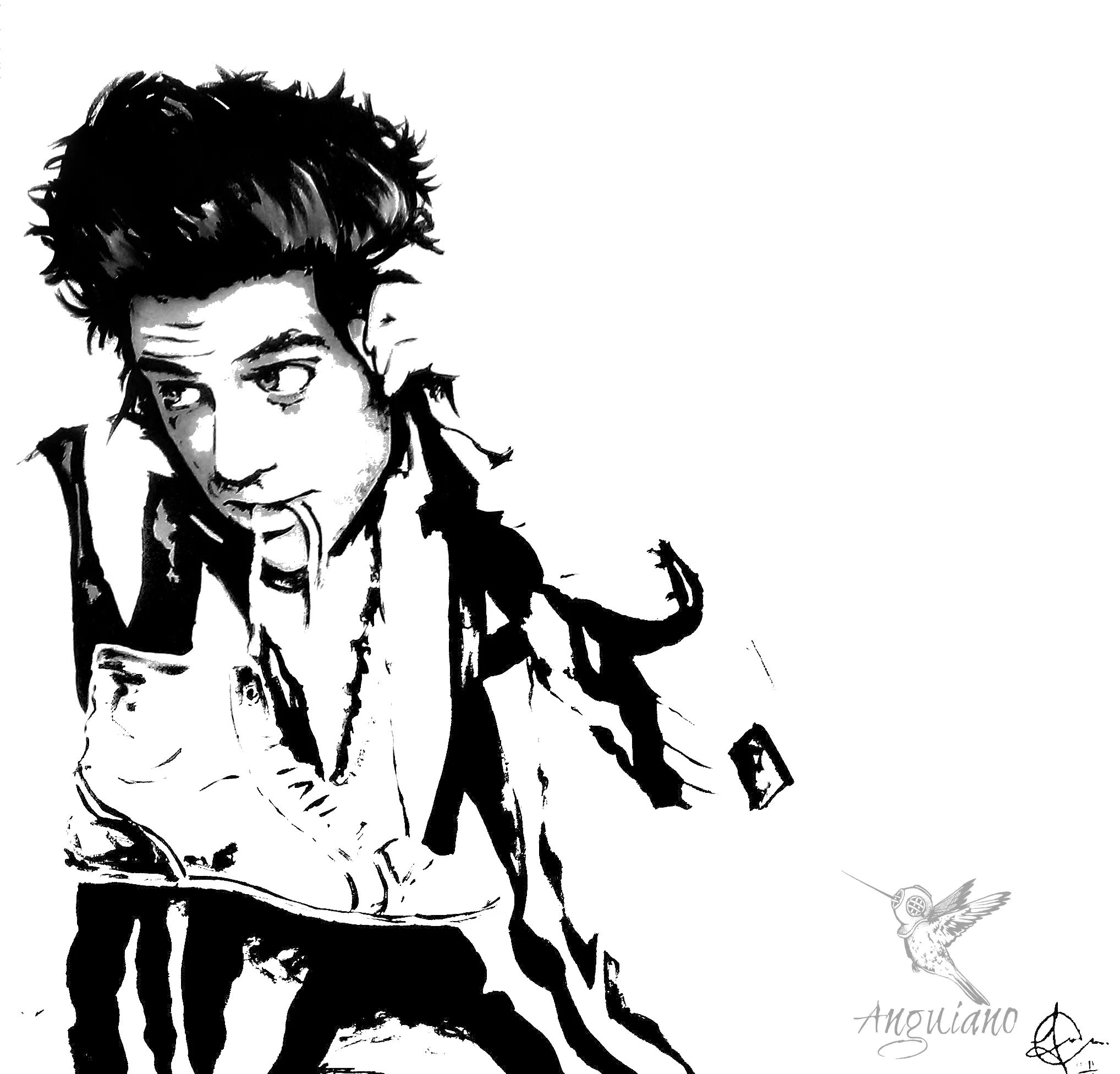 High-contrast black and white ink portrait of a young man with tousled hair, rendered in a bold stencil-like style