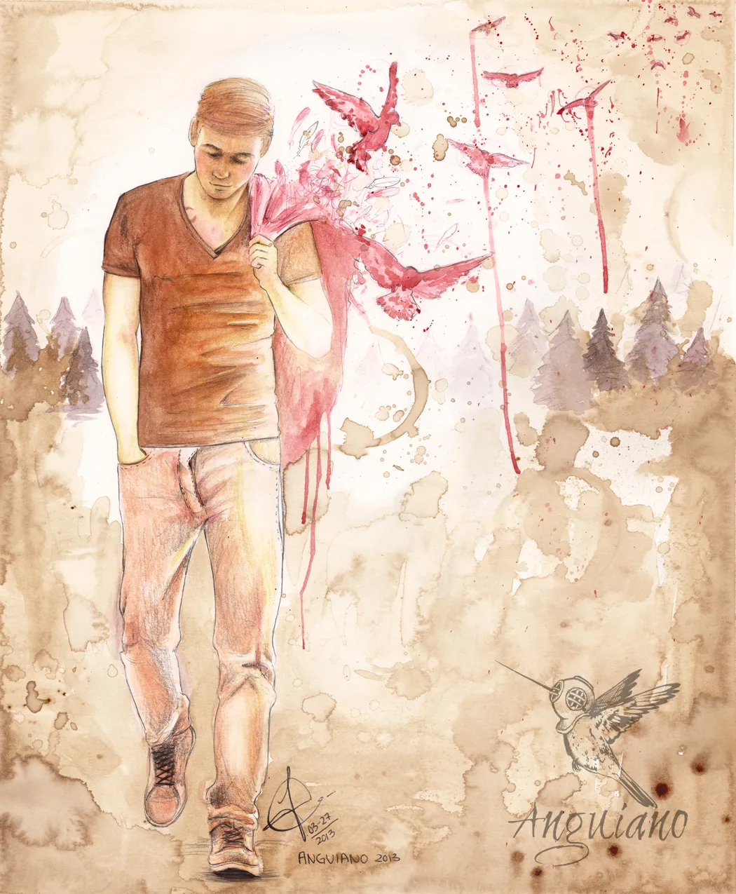 Watercolor illustration of a young man walking through a forest, pink birds bursting from a torn scarf over his shoulder