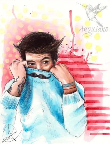 Watercolor and ink portrait of a young man pulling his sweater up over his mouth, revealing a drawn-on mustache