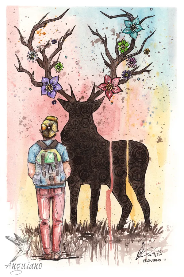 Watercolor and ink illustration of a hiker standing before a large elk with antlers blooming with colorful flowers