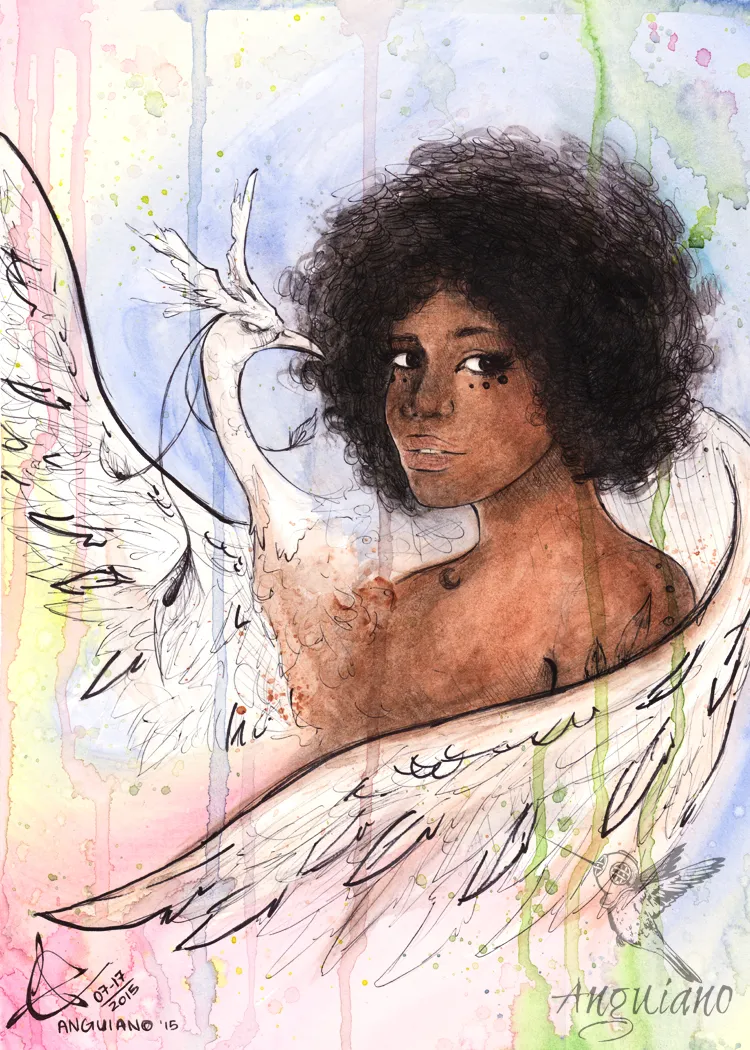 Ink and watercolor portrait of a figure with large feathered wings, rendered in loose watercolor washes