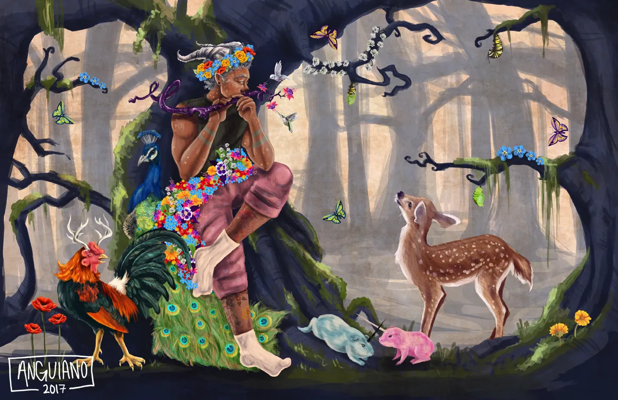 Gouache and ink illustration of a faun-like piper with a flower crown playing a flute in a dark forest, surrounded by a peacock, a deer, a rooster, and butterflies