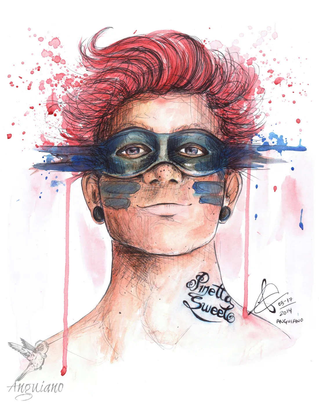 Ink and watercolor portrait of a person with red hair wearing a blue masquerade mask, with red paint dripping like tears