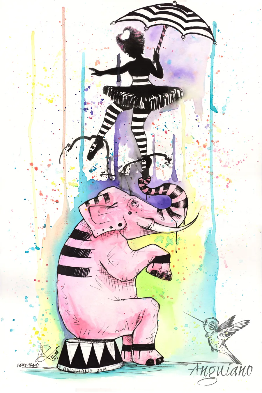 Watercolor and ink illustration of a circus ballerina balancing on a striped pink elephant, holding a striped umbrella