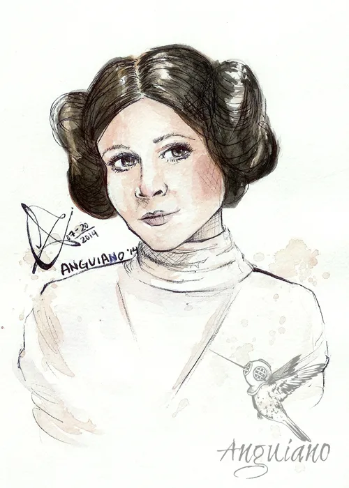 Watercolor and ink portrait of Princess Leia from Star Wars