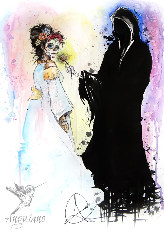 Ink and watercolor illustration of a hooded, faceless dark figure offering a flower to a woman in sugar skull makeup and a white dress