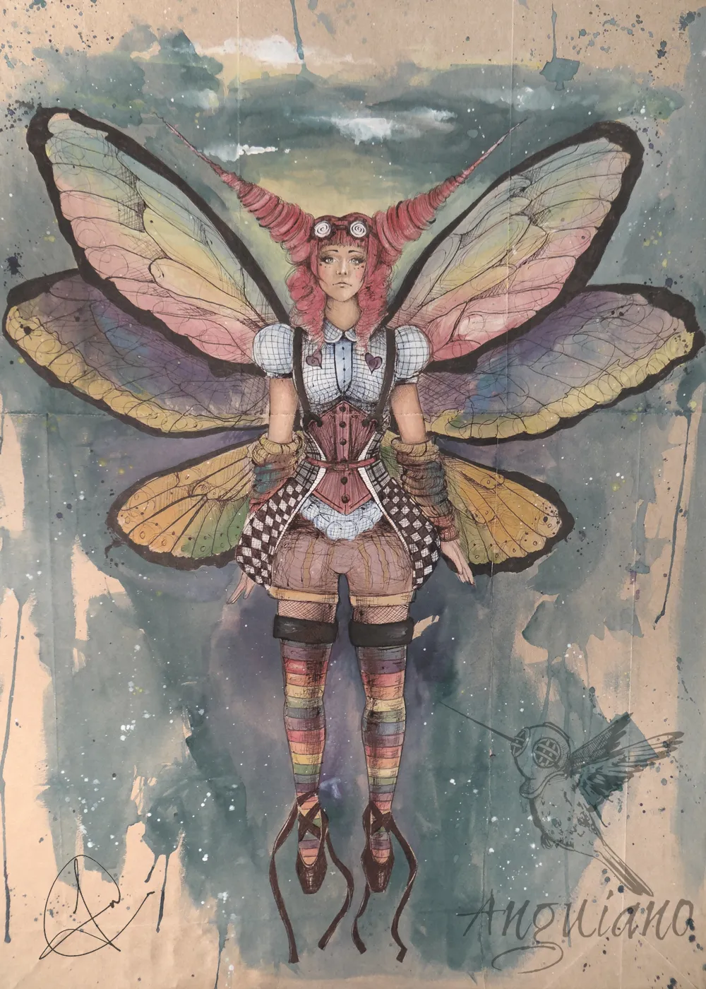 Watercolor and ink illustration of a winged fairy figure with large moth wings, wearing goggles and a corseted steampunk outfit