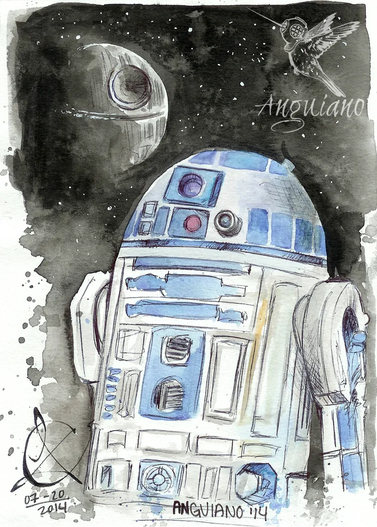 Watercolor and ink illustration of R2-D2 against a starfield with the Death Star, a hummingbird flying overhead