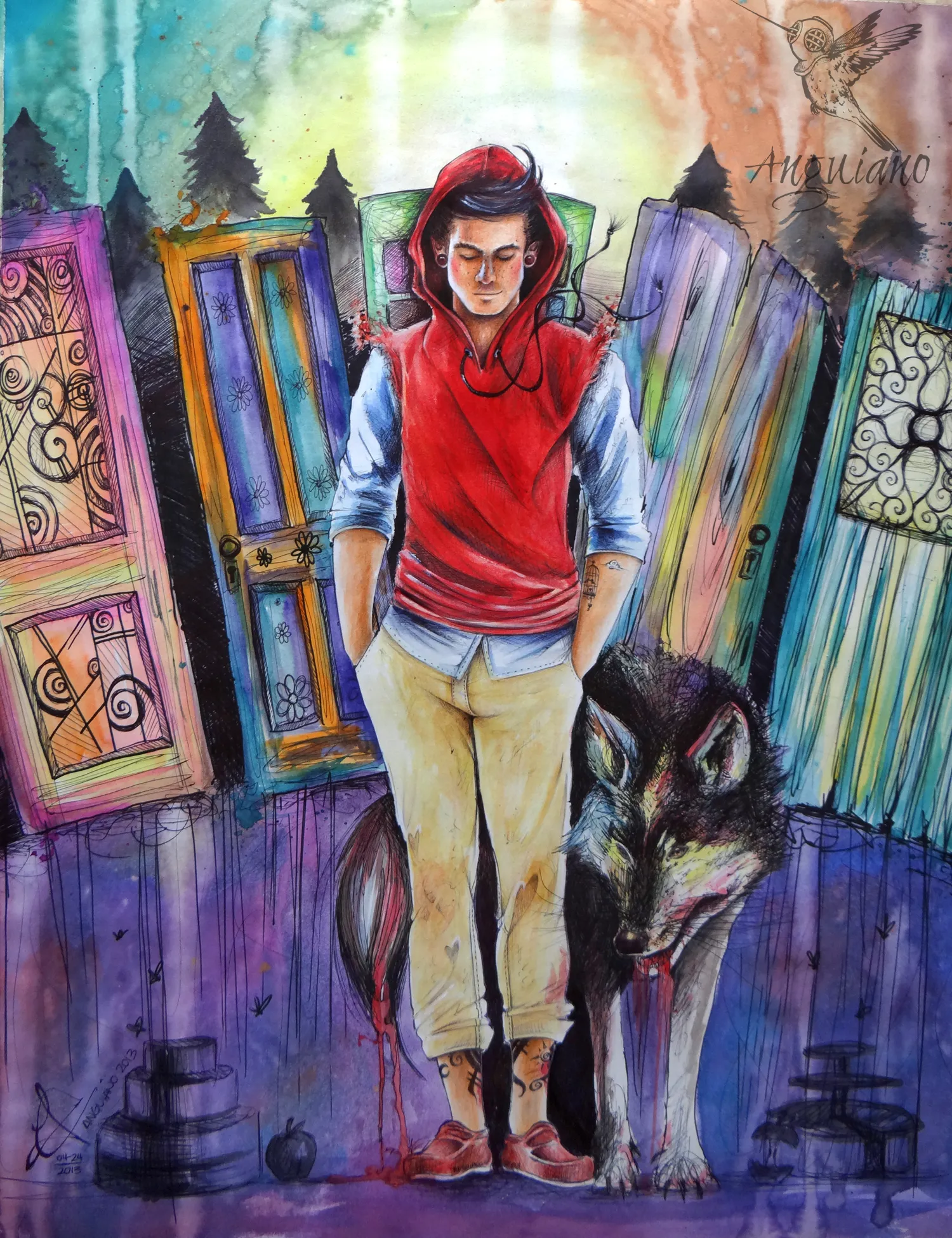 Watercolor and ink illustration of a young man in a red hood standing before a row of colorful painted doors and pine trees, with a bleeding wolf pelt and a wolf beside him