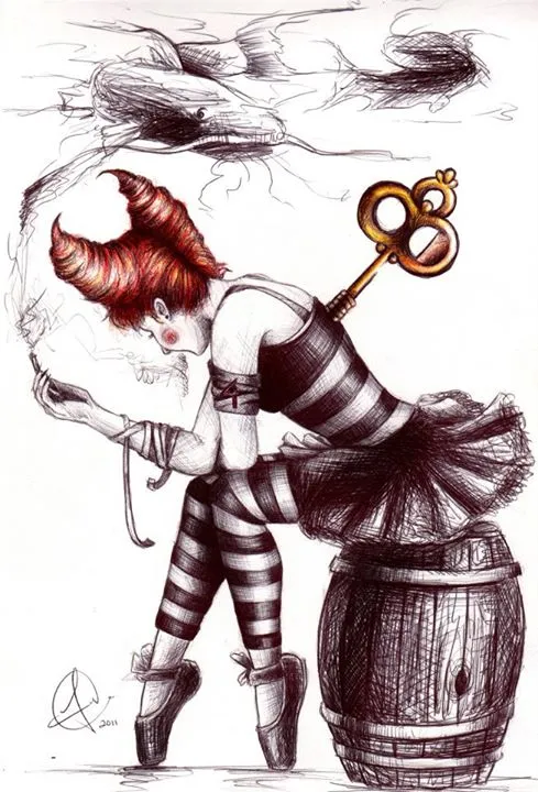 Ink sketch of a horned ballerina bent backward over a barrel, holding a smoking cigarette and a large ornate key